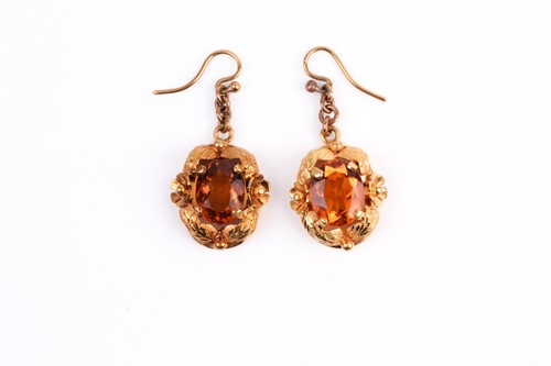 Lot 32 - A pair of yellow metal and citrine earrings,...