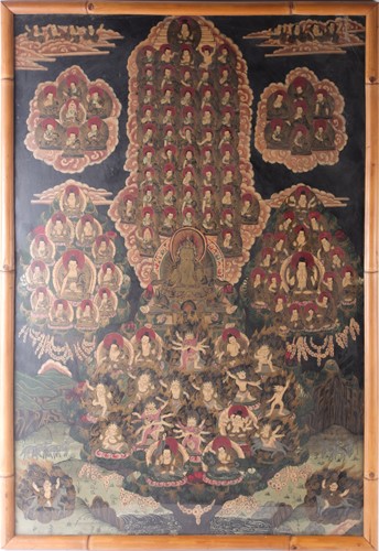 Lot 185 - A framed Tibetan Thangka depicting multiple...