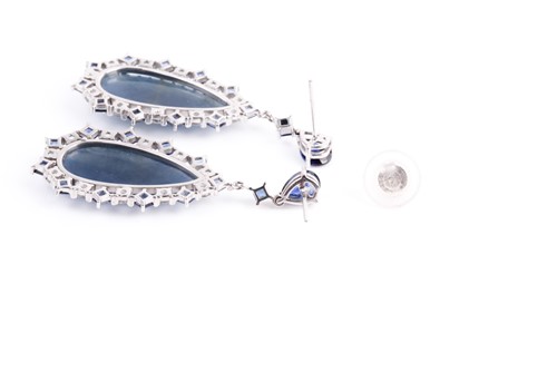 Lot 138 - A pair of sapphire pendant earrings, the...