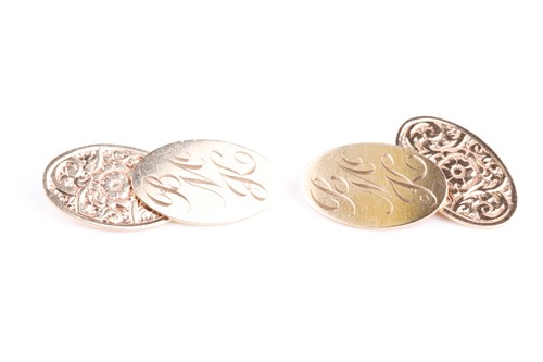 Lot 49 - A pair of 9ct yellow gold cufflinks, with oval...