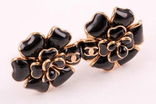 Lot 134 - Chanel. A pair of black Gripoix Camellia...