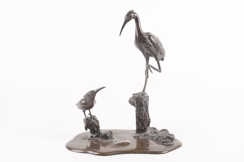 Lot 157 - A Japanese bronze Egret & Kingfisher group,...