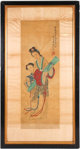 Lot 213 - A Chinese painting on silk of a lady carrying...