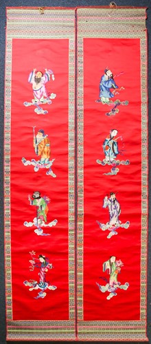Lot 222 - A pair of Chinese silk embroidered wall...