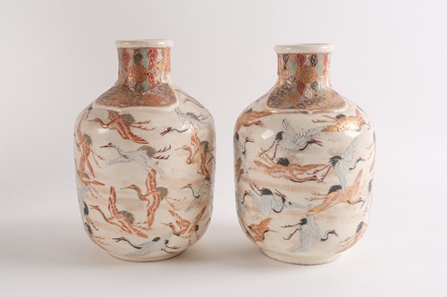 Lot 3 - A pair of Japanese Satsuma bottle vases,...