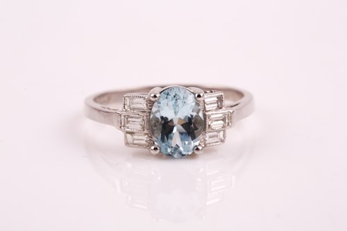 Lot 49 - A platinum, diamond, and aquamarine ring, in...