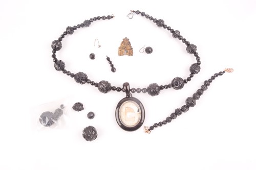 Lot 128 - A Victorian black beaded necklace, with oval...