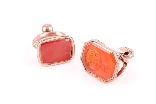 Lot 140 - A rose gilt metal and carnelian fob seal...