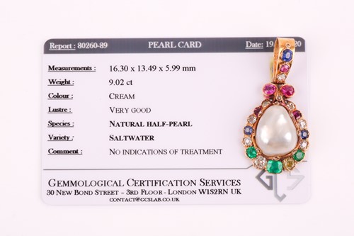 Lot 223 - A fine yellow metal, natural saltwater pearl,...