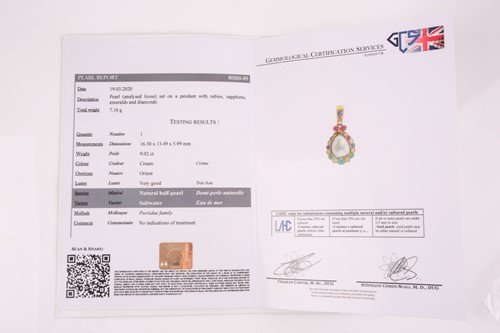Lot 223 - A fine yellow metal, natural saltwater pearl,...