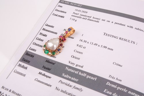 Lot 223 - A fine yellow metal, natural saltwater pearl,...