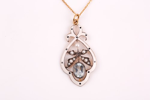 Lot 92 - A topaz, pearl, and enamel pendant, in the...
