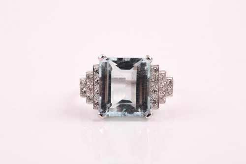 Lot 257 - A platinum, diamond, and aquamarine ring, in...