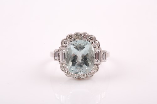 Lot 336 - A platinum, diamond, and aquamarine ring, set...