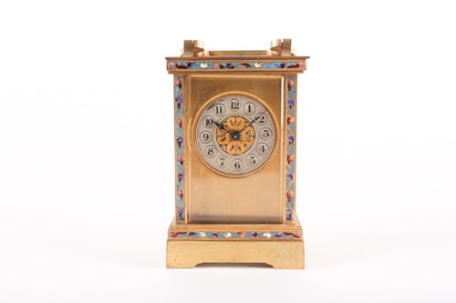 Lot 428 - A Swiss brass and champleve enamel carriage...