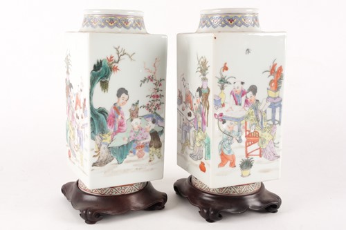 Lot 42 - A pair of Chinese famille rose 'Cong' vases,...