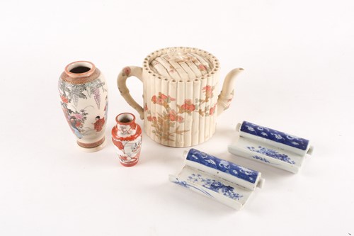 Lot 55 - A large Satsuma simulated bamboo tea pot,...