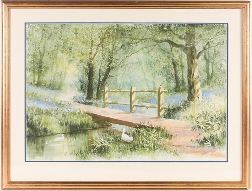Lot 163 - Terry Harrison, Bluebells by a stream with...