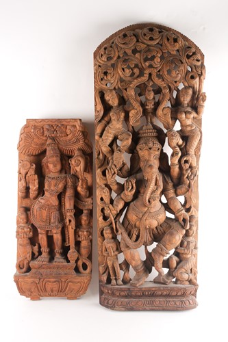 Lot 73 - An Indian teak wood arched architectural panel,...