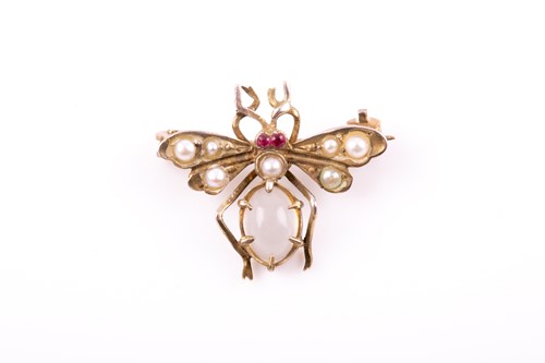 Lot 92 - A gilt metal, moonstone, and pearl insect...