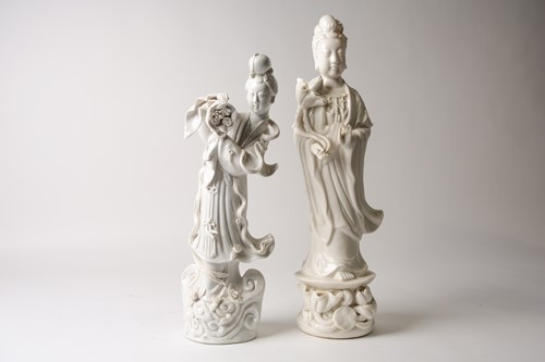 Lot 84 - Two Chinese blanc de chine figures, Guanyin &...