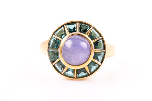 Lot 215 - A 14ct yellow gold, sapphire, and green paste...