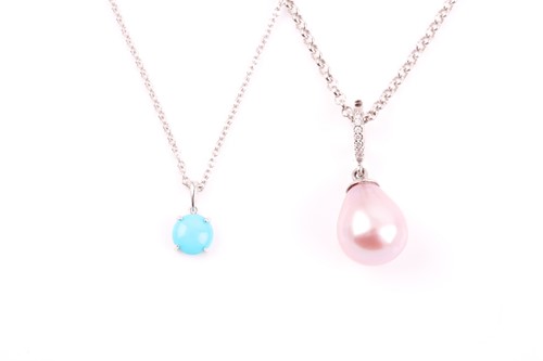 Lot 61 - An 18ct white gold, pink pearl, and diamond...
