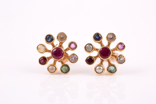 Lot 7 - A pair of yellow metal and multi-gem earrings,...