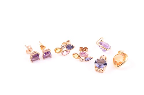 Lot 196 - A pair of 9ct yellow gold and multi-gem...