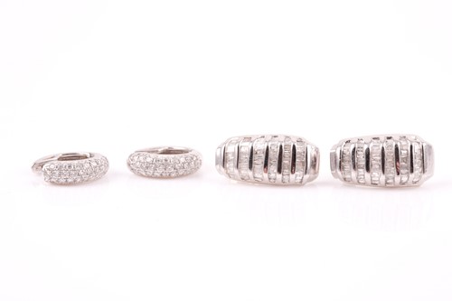 Lot 187 - A pair of 18ct white gold and diamond hoop...