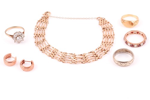 Lot 32 - A 9ct yellow gold gate-link bracelet, together...