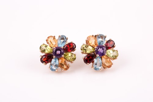 Lot 287 - A pair of yellow metal and multi-gemstone...