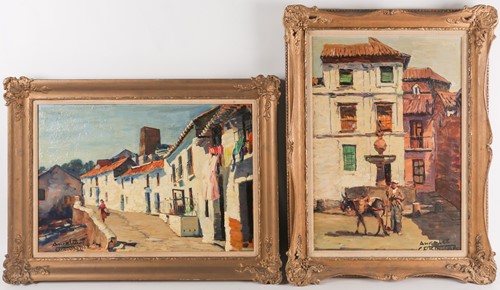 Lot 24 - Aurelio Cordoba, two oils on panel, figures in...
