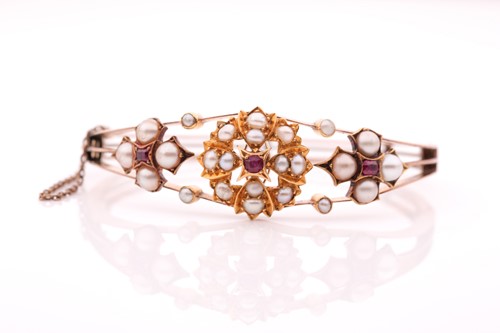 Lot 99 - A Victorian 15ct yellow gold, pearl, and ruby...
