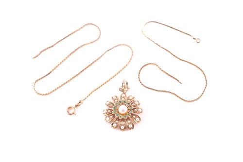 Lot 200A - A 9ct yellow gold pearl and emerald floral...