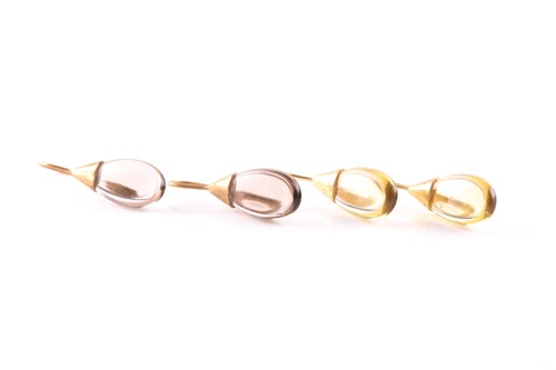 Lot 21 - A pair of yellow metal and citrine drop...