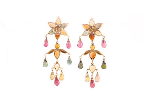 Lot 240 - A pair of yellow metal and tourmaline drop...