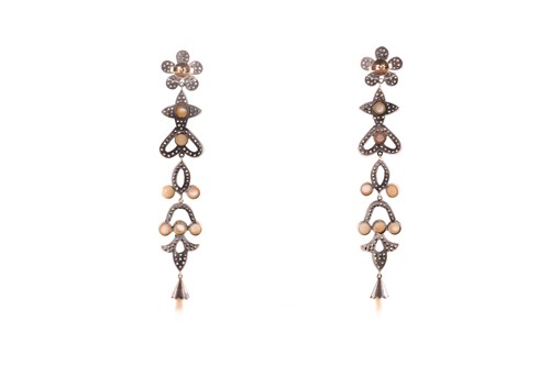 Lot 20 - A pair of diamond and pearl drop pendant...
