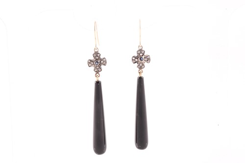 Lot 71 - A pair of diamond and onyx drop earrings, with...