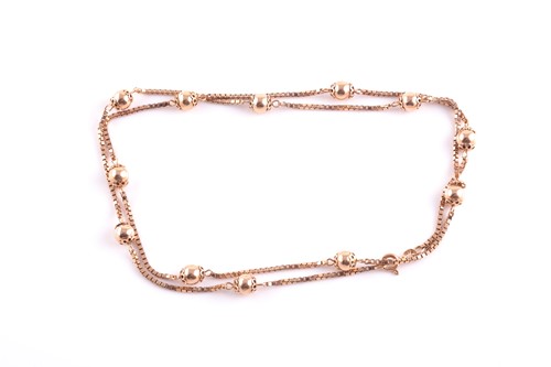 Lot 112 - A 9ct rose gold box-link and orb bead chain,...