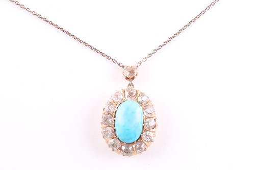 Lot 22 - A diamond and turquoise cluster pendant, set...