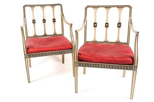 Lot 320 - A pair of Sheraton style pale green painted...