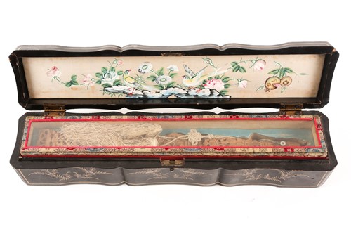 Lot 145 - A Chinese sandalwood and embroidered silk fan,...