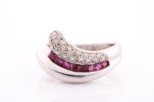 Lot 119 - An 18ct white gold, diamond, and ruby ring, of...