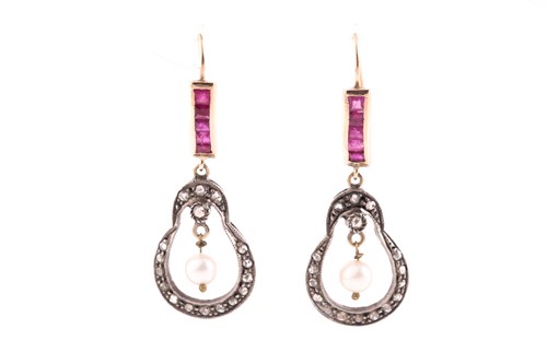 Lot 173 - A pair of yellow metal, diamond, and ruby drop...