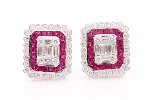 Lot 287 - A pair of diamond and ruby earrings, the...