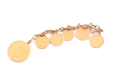 Lot 74 - A yellow metal bracelet, suspended with six...
