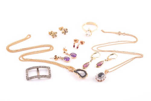 Lot 202 - A pair of 9ct gold and amethyst pendant...