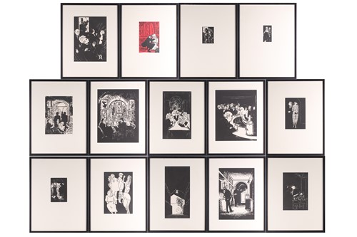 Lot 67 - A series of fourteen black and white linocuts...