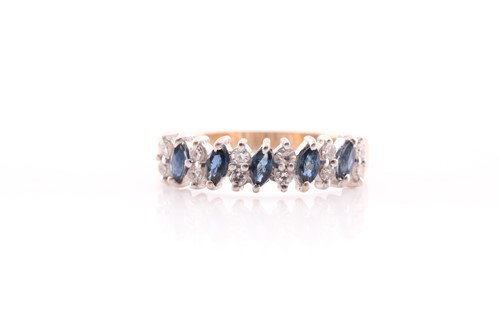 Lot 93 - A sapphire and diamond half hoop ring in 9...